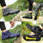 Hiking boots on bare feet