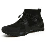 Hiking boots on bare feet
