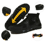 Hiking boots on bare feet