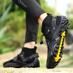 Hiking boots on bare feet