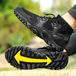 Hiking boots on bare feet