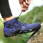 Hiking boots on bare feet
