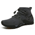 Hiking boots on bare feet
