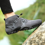 Hiking boots on bare feet