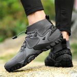 Hiking boots on bare feet