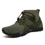 Hiking boots on bare feet