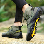 Hiking boots on bare feet